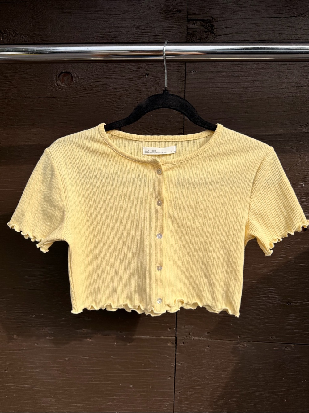 OAK + FORT Soft Yellow Ribbed Button-Front Crop Top